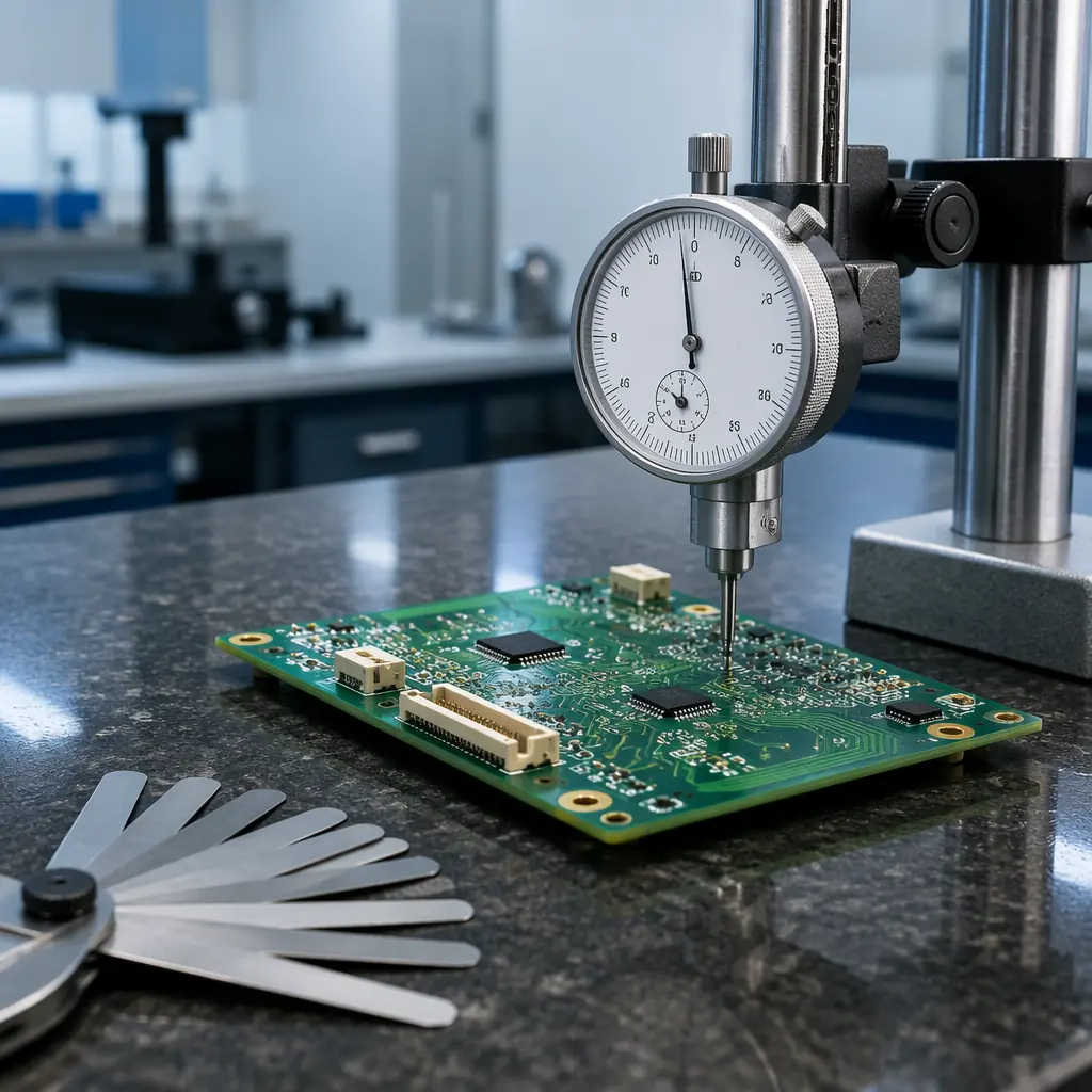 Close-up of a PCB passing through a reflow oven with thermal imaging overlay showing temperature distribution across the board surface during the soldering process