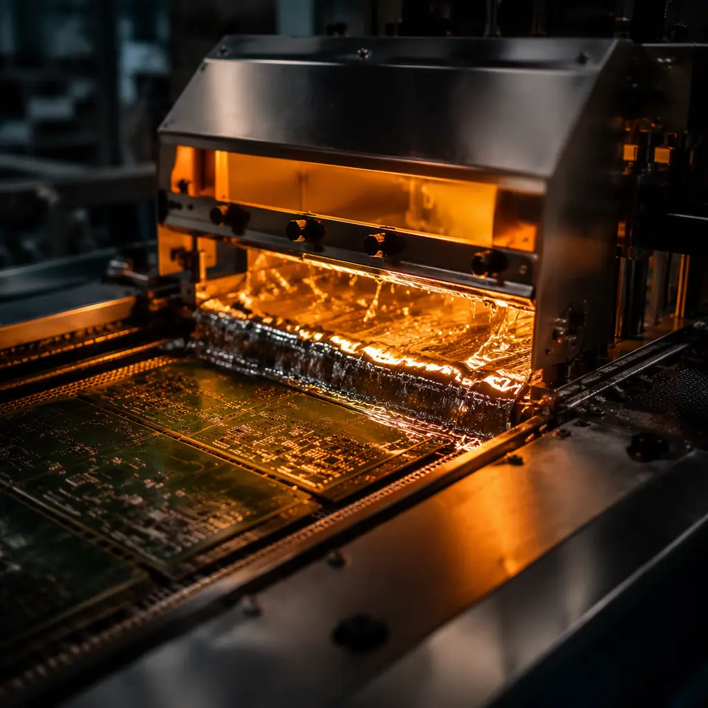 Molten solder wave flowing over PCB in wave soldering machine, industrial manufacturing close-up