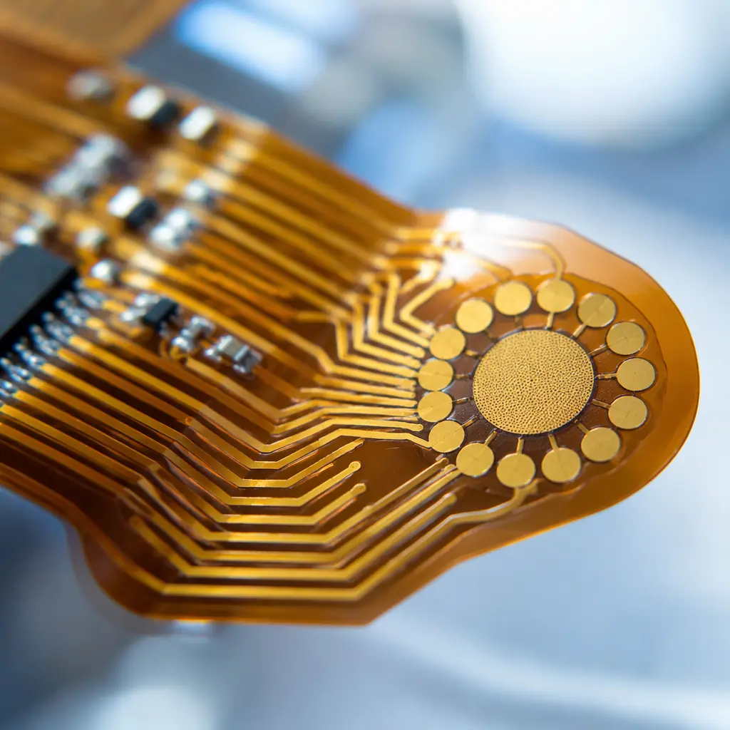 Close-up macro view of gold-plated biosensor electrode pads on medical-grade polyimide flex circuit
