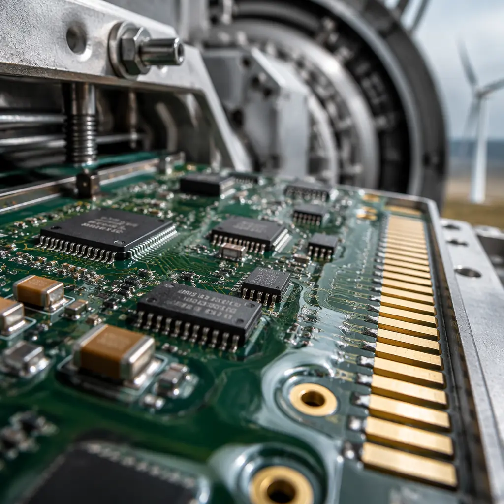 Wind turbine pitch control PCB with heavy copper traces, conformal coating, and high-voltage isolation for blade angle actuation systems