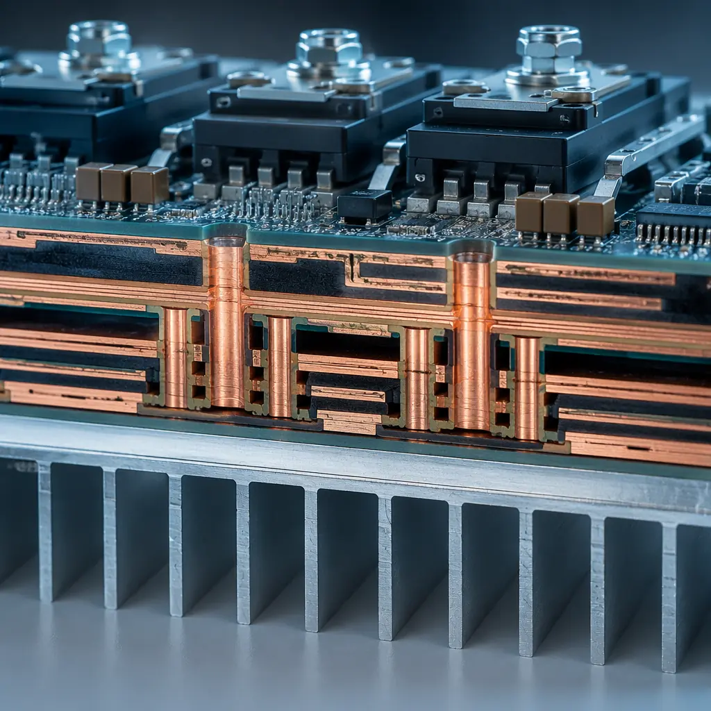 Wind turbine IGBT power converter PCB with 6oz heavy copper layers, ceramic substrate, and thermal via array for 2 MW generator drive