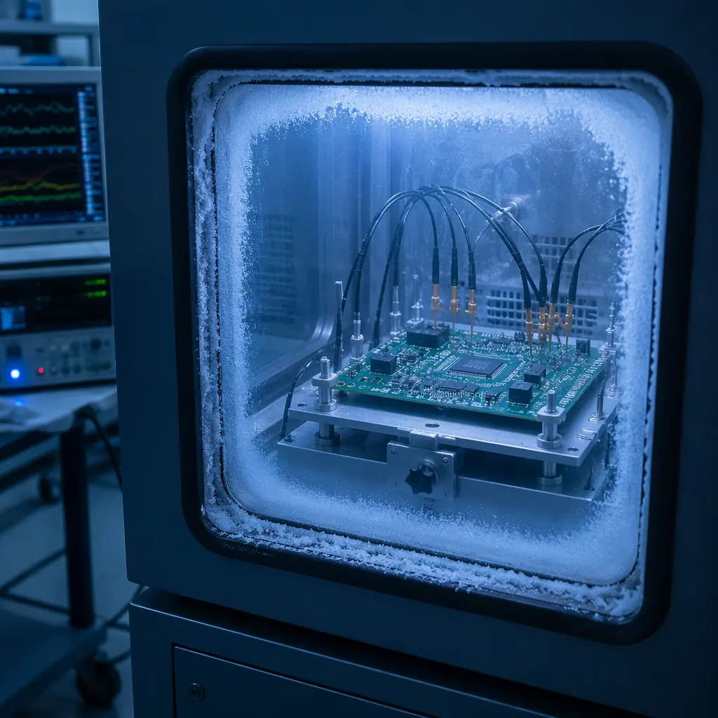 Wind turbine PCB undergoing thermal cycling test in environmental chamber with 4-wire Kelvin resistance monitoring at -40°C to +125°C