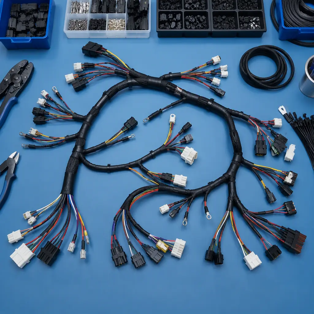 Overhead shot of a populated cable loom assembled on a workbench with bundled wires, heat-shrink and labeled ends ready for integration