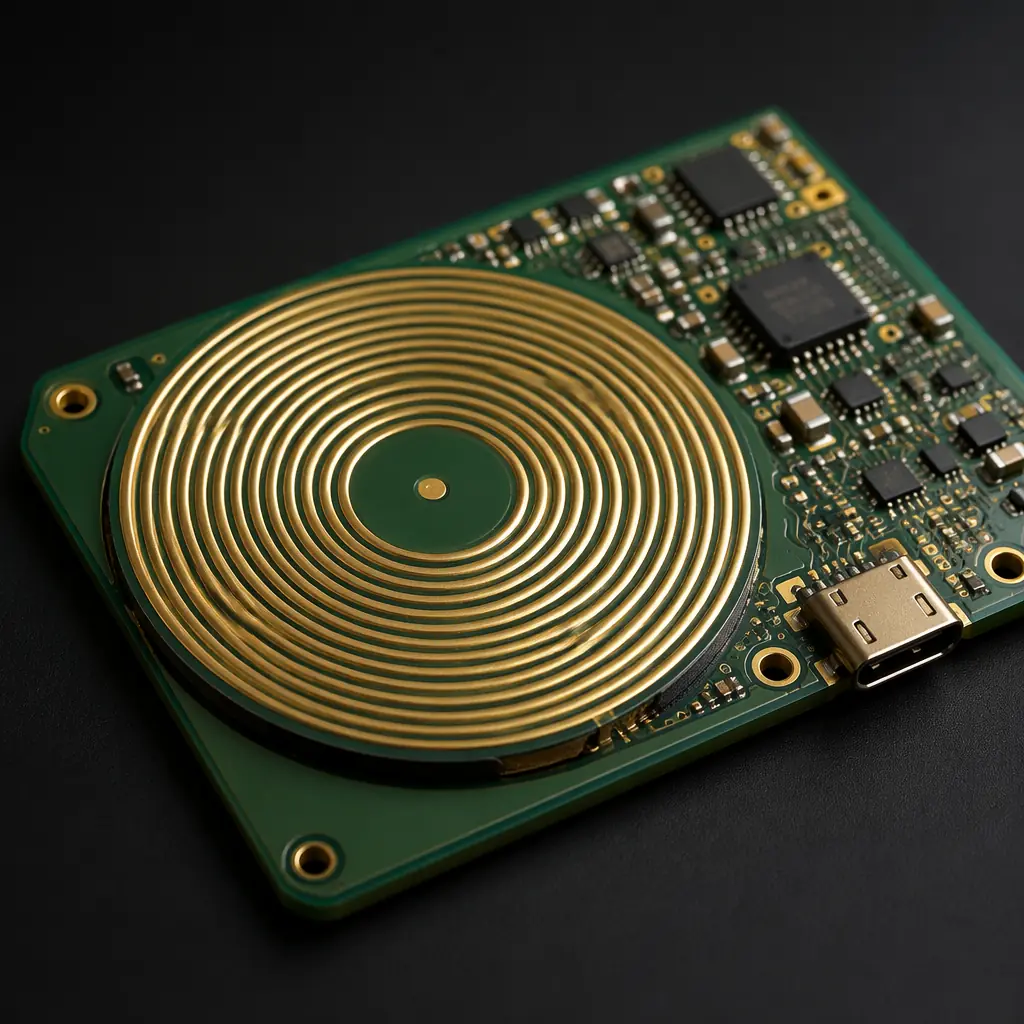 Wireless power transmitter PCB with planar spiral coil and ferrite backing
