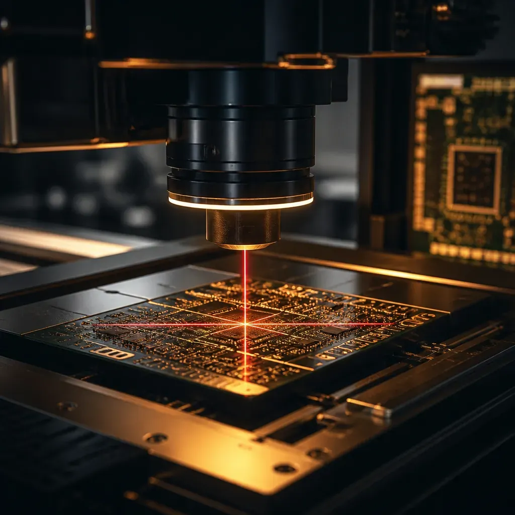 Automated optical inspection microscope examining PCB quality