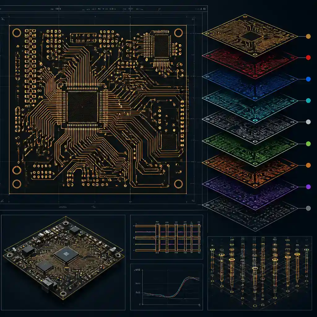 PCB design blueprints and Gerber file layers on digital interface