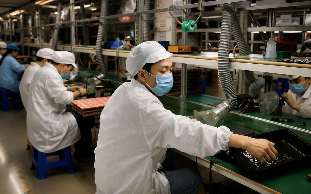 Hand-assembly workbench with red PCB inspection